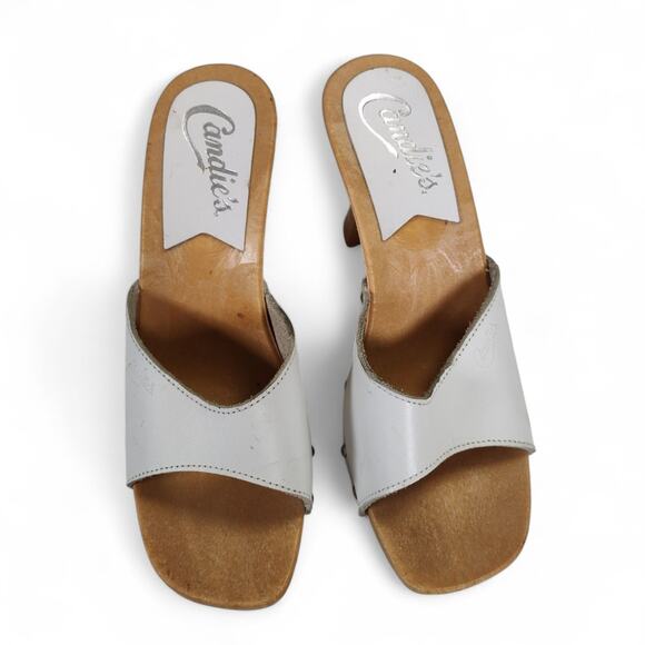 Vintage 1980s Candies White Leather Wooden Platform Mules Heels Sandals Studded - Picture 8 of 13